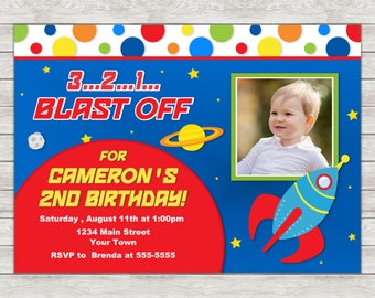 Rocket Birthday Invitation, Astronaut Outer Space Invite - Printable File or Printed Invitations