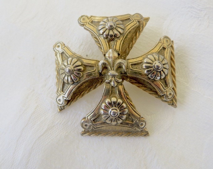 Vintage Maltese Cross Brooch, Fleur Di Lis Center, Heraldic Pin, Signed Accessocraft, Designer Signed Jewelry