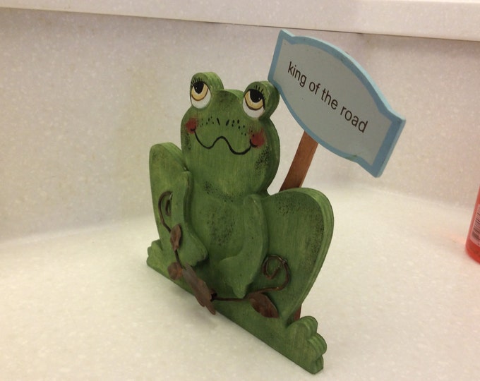 King of the Road Frog. Wooden, 6" X 6 1/2"X 1 1/2". Sits on counter