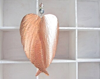 Rose Gold Copper Christmas Ornament, Embossed Metal Angel Wings Decor