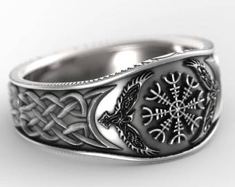 Sterling Silver Oden's Ravens & Helm of Awe Ring, Mens Wedding Band, Raven Jewelry, Odin Viking Ring, Custom Size 1160