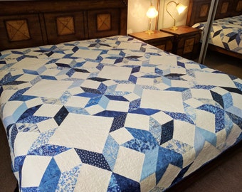 Blue and white patchwork quilt, queen bed custom made to order