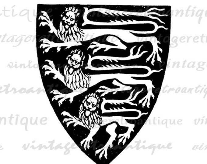 Lion Coat of Arms Printable Image Graphic Medieval Shield Digital Download Antique Clip Art Jpg Png Eps HQ 300dpi No.1586