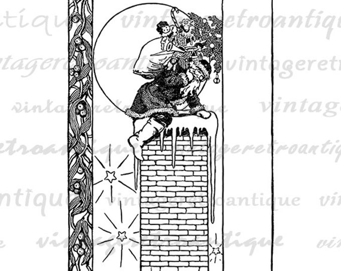 Santa Claus Chimney Christmas Digital Image Download Printable Graphic Vintage Clip Art Jpg Png Eps HQ No.2459