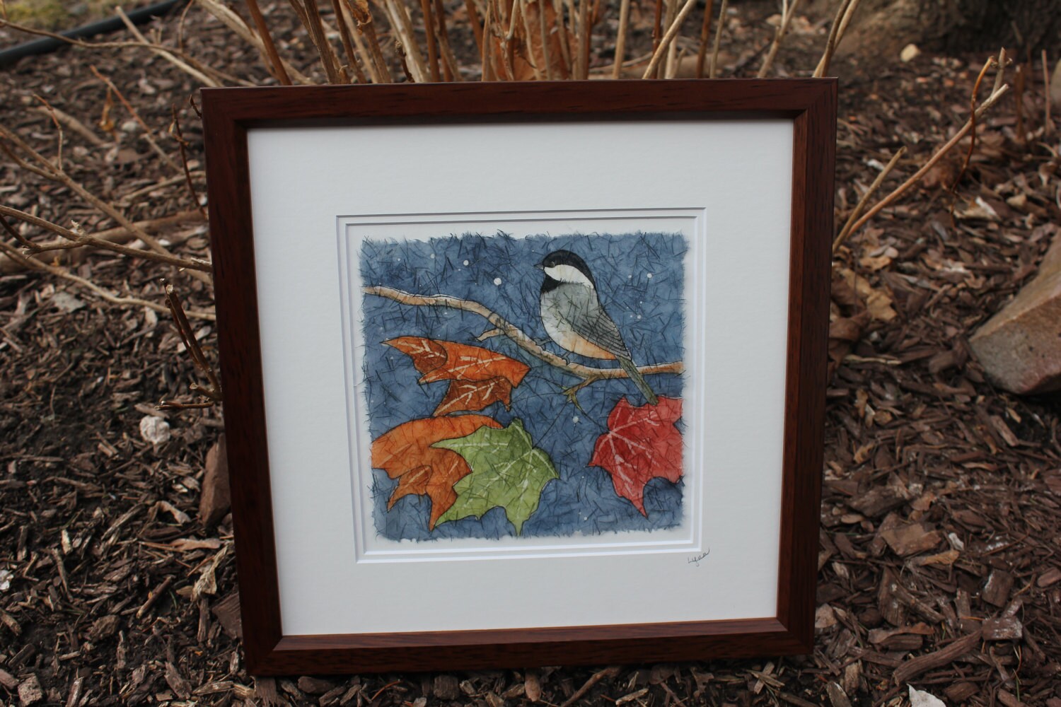 Chickadee Watercolor Batik on Rice Paper