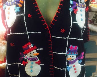 Vintage 80's Tacky Christmas Vest - Multi Snowman W/ Multi Hats & Scarfs - Red Stitch Trimming - Sz Med