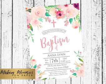 soft Pink Floral Baptism Invitation Pink Watercolor, Pink Roses Baptism, Christening, Dedication ,First Communion. Girl, Holy Communion