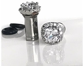 Pair of Square CZ halo stud wedding plugs for gauged or stretched ears: Sizes 4g 2g 0g 5mm 6mm 8mm