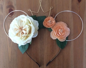 Wire mouse ears, floral ears, wire ear headband, flower headband, tiara crown, minnie flower crown, Dapper Day, flower mickey ears