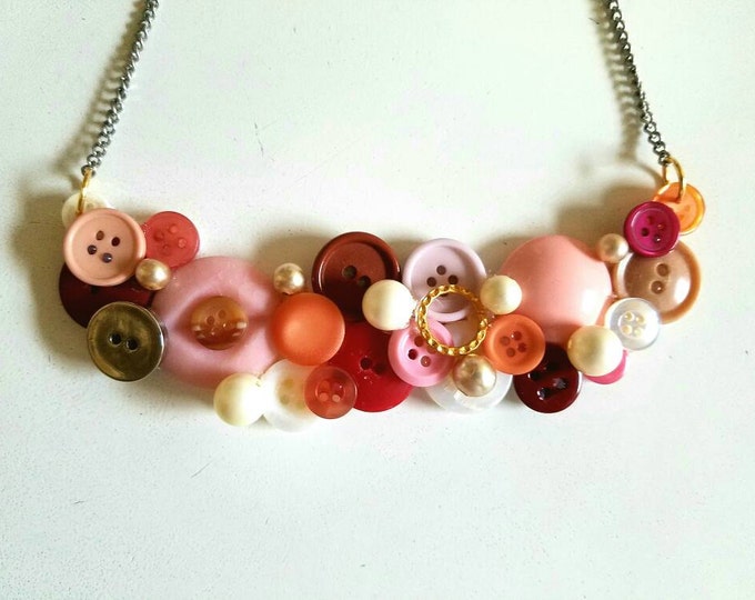 Pink White and Purple Beaded Pearl Vintage Button Bib Necklace