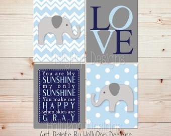Baby wall art Elephant nursery decor Boys room decor You are my Sunshine Navy blue gray nursery art Boy prints Baby prints Boy decor #1481
