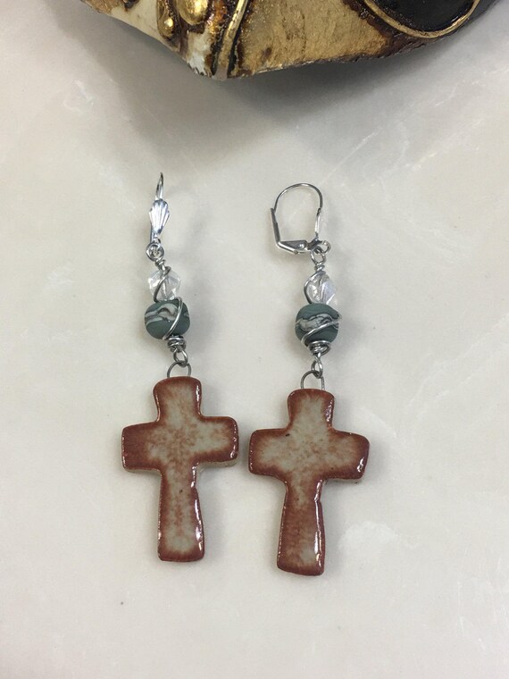Items similar to Cross ceramic earrings pendant on Etsy