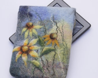 Kindle Voyage Cover, Floral Kindle Paperwhite Case, gadget pouch, blue and green felted e-reader Sleeve, yellow daisy flower, gift for her