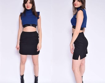 Vintage 90's Black Mini Skirt / High Waisted Mini Skirt / Black Side Slits Skirt - Size Medium/M