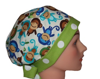 Scrub Hat Surgical Scrub Cap Chemo Hat w Tie Back Flirty Front Fold Pixie Style Monkeys Green Blue Brown 2nd item ships Free