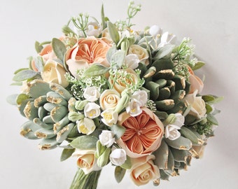Wedding bouquet Clay succulent bouquet Peach Green Bridal bouquet Clay flowers bouquet Gold flowers bouquet Golden succulents bouquet