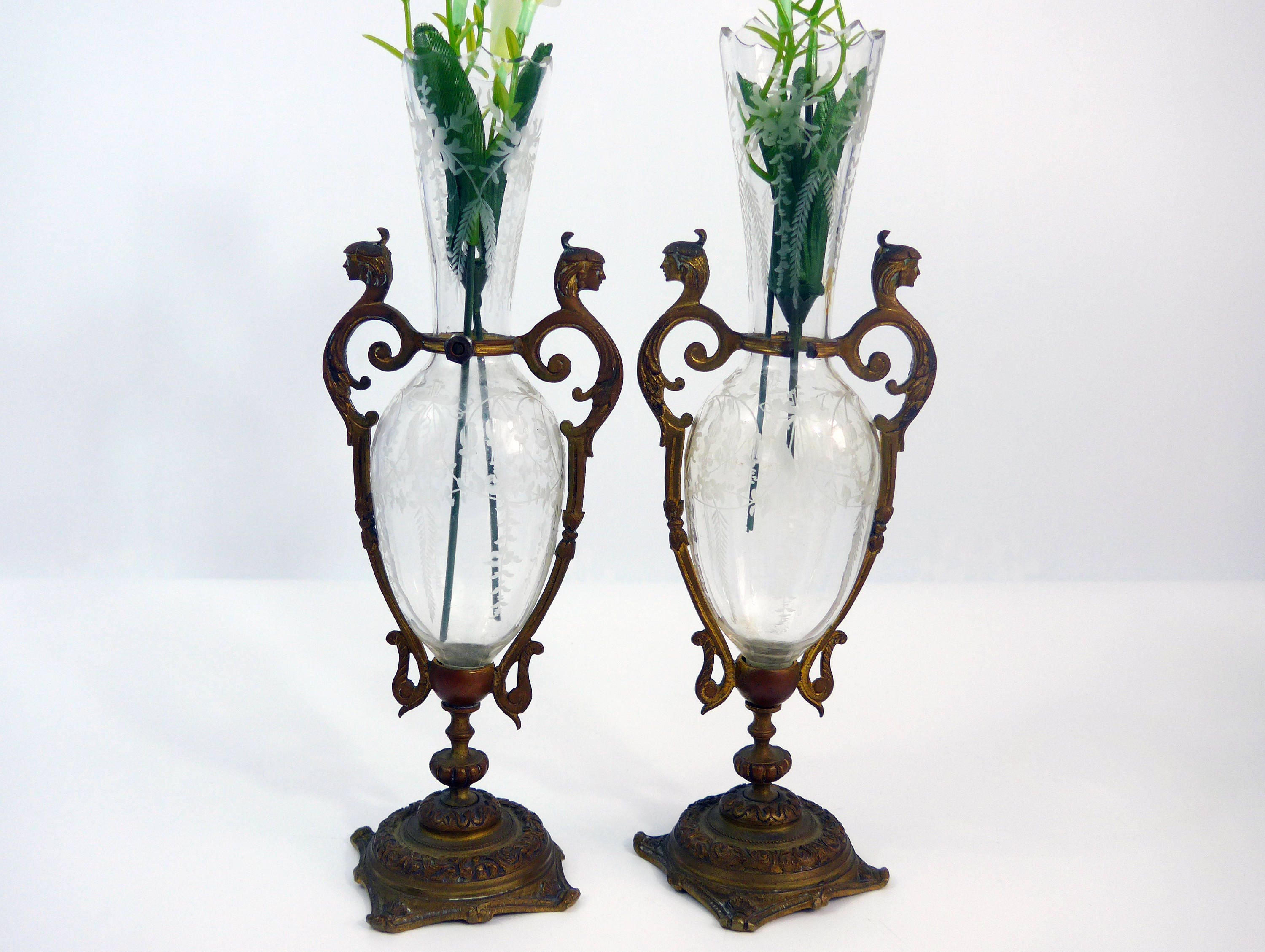 Pair Antique Mantle Glass Vases w/ Ornate Brass Bases 2 Dainty