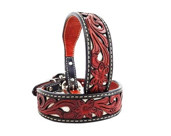 MadcoW Western Style Filigree natural hair inlay Canine Leather Dog Collar HandMade Fully Adjustable