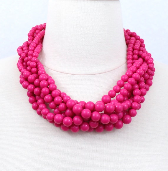 Fuchsia Braided Beaded Necklace Hot Pink Twisted Beads Cluster