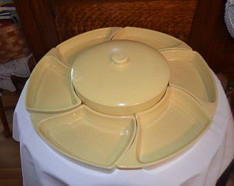 Vintage Canary Yellow Specked Pottery Chip And Dip Set