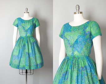 Vintage 1950s Dress | 50s Floral Cotton Voile Green Blue Full Skirt Day Dress (small)