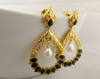 Black and Golden Pearl and Crystal Studded Dangle Earrings