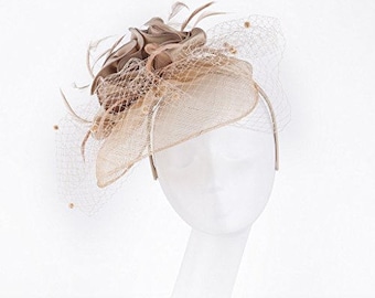 Janeo Cecelia Fascinator, Voluminous Swirls Bows & Roses in Satin fabric on a wide Brim Sinamay Fabric Contoured Base, Net Veil - Champagne