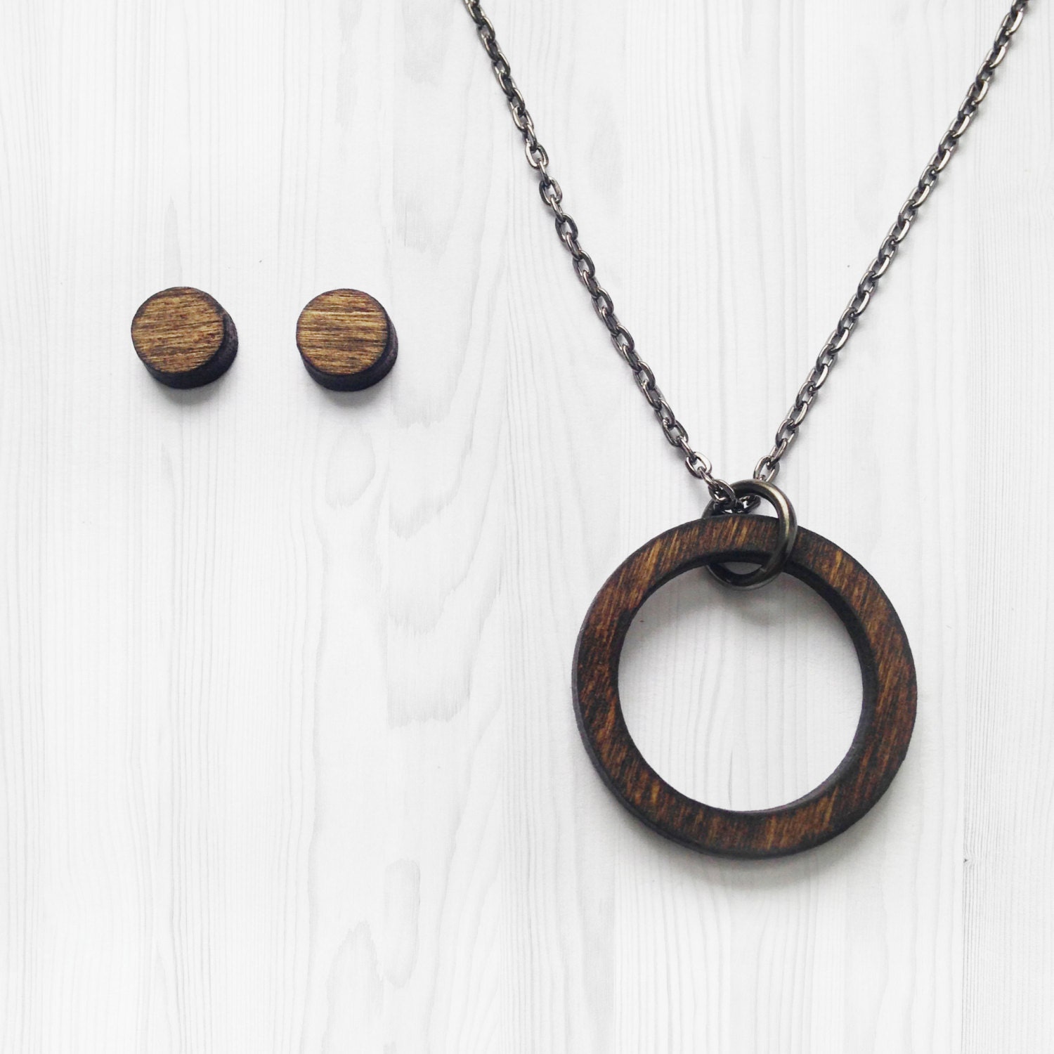 Circle Necklace and Wood Studs Wood Necklace Wood Jewelry