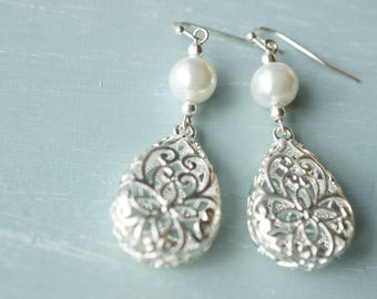 Earrings, silver and pearl tear drop filigree earrings