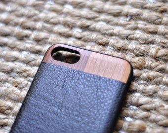 Black Leather iPhone 7 Case with Cherry and Rose Wood Case
