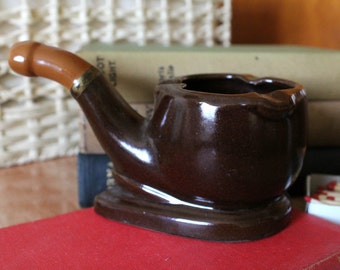 Large Brown Glazed Ceramic Pipe Shaped Ashtray. 1960s Kitsch Tobacciana. Novelty Ashtray. Pipe Smoker's Gift. Bar Decor.