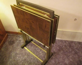 Set of 4 TV Trays with Storage Rack * folding table trays* Wood grain patchwork Design * TV table