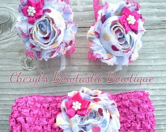 5 Infant Barefoot Sandal Sets- Choose from Jean/Hot pink, Silver and white, Rainbow pink, Multi Dot pink, White and Coral. Made to Order.
