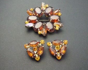 Garne Jewelry| Honey Amber Rhinestone Earrings and Brooch Set | Clip On Garne Earrings| Cluster Brown Brooch