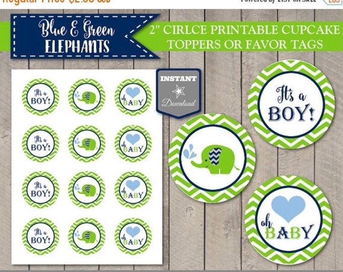 SALE INSTANT DOWNLOAD Blue and Green Elephant Baby Shower Printable 2" Circle Cupcake Toppers or Favor Tags / Item #2605