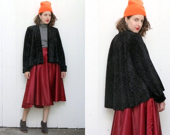 SALE Vintage 80s Jacket | 80s Open Short Black Crushed Velvet Swing Coat | One Size