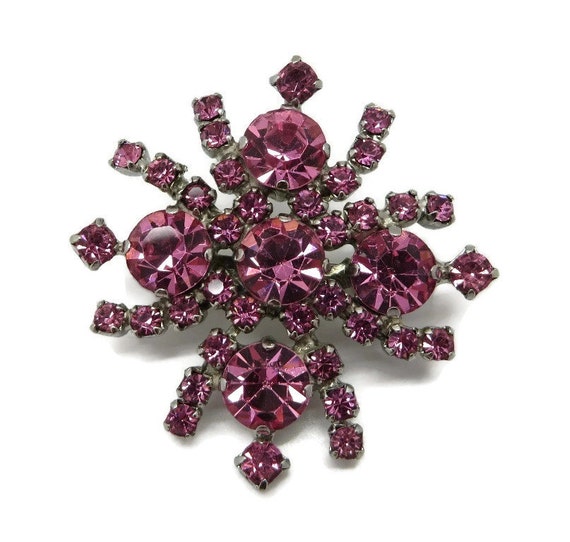 Kramer Pink Rhinestone Flower Brooch Vintage Silver Tone