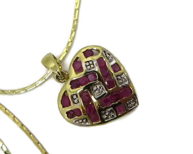 Ruby and Diamond Heart Pendant, Gold Plated Sterling Silver Pendant with Cobra Chain