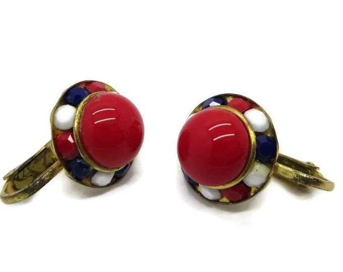 ON SALE Vintage Red White Blue Beaded Earrings, Patriotic Clip-on Earrings