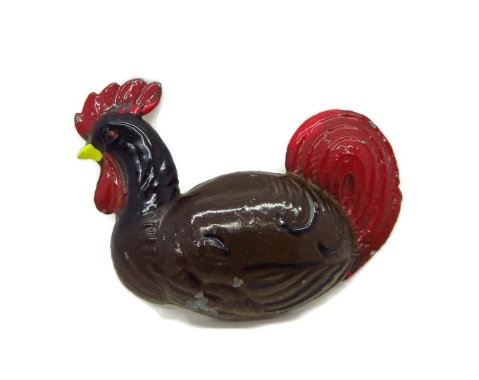 Vintage Ceramic Rooster Brooch, Brown, Red and Yellow Enameled Rooster Pin