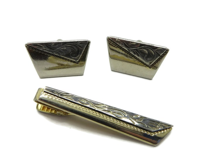 Vintage Anson Cufflinks Tie Clip Set, Two Tone Men's Jewelry Set