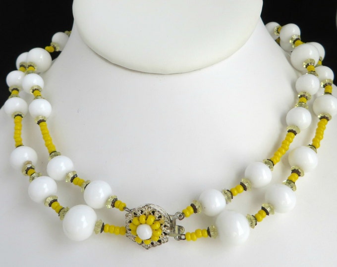 Miriam Haskell Necklace, Vintage Crystal, Milk Glass, Double Strand Necklace Signed Designer Jewelry, Gift Idea, Gift Boxed
