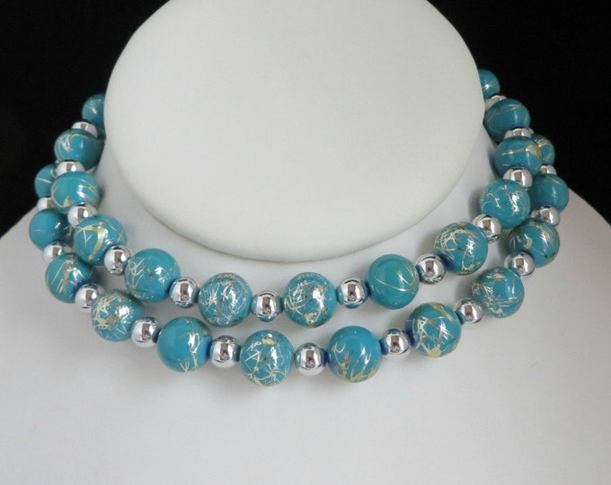 Teal Green Silver Tone Etched Bead Necklace, FREE SHIPPING