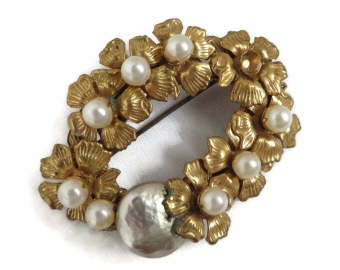 Miriam Haskell Brooch Faux Pearl Goldtone Wreath Designer Signed Vintage Costume Jewelry