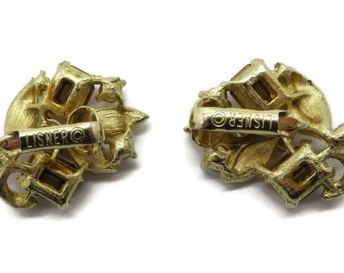 Lisner Cognac Rhinestone Earrings, Vintage Designer Signed Estate Costume Jewelry Gift