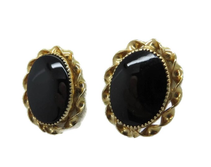 Earrings, Black Onyx Earrings, Gold Filled Earrings Vintage 1/20 12K GF Faux Onyx Screw Back Earrings, Gift for Her