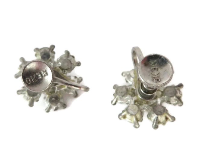 Rhinestone Snowflake Earrings - Vintage Signed Nemo Silver Tone Screw Back Earrings