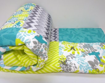 Modern Baby Quilt with Hummingbirds-Gray-Charcoal-Citrine-Teal-Chevron Baby Blanket-Baby Quilt Kit-DIY