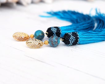Extra long turquoise earrings Statement tassel earrings Hippie boho earrings Gold plated studs Ethnic gemstone earrings Long drop earrings