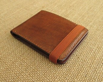Leather bifold wallet, handmade minimalist wallet, thin cardholder, slim wallet, with elastic band